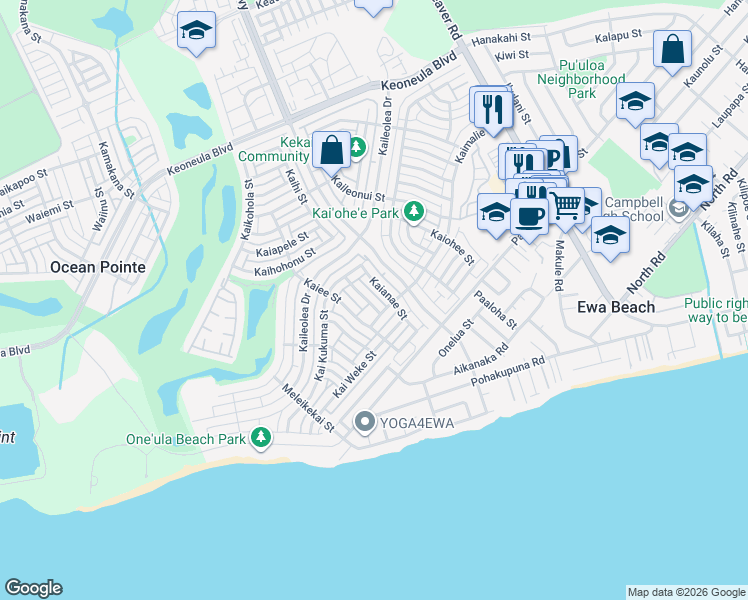 map of restaurants, bars, coffee shops, grocery stores, and more near 91-1033 Kaiwana Street in Ewa Beach