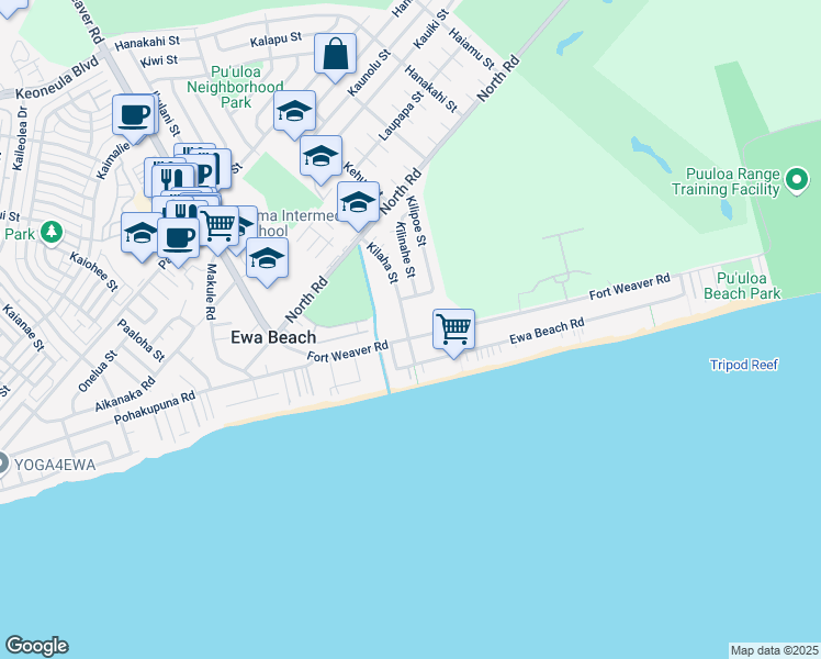 map of restaurants, bars, coffee shops, grocery stores, and more near 91-480 Ewa Beach Road in Ewa Beach