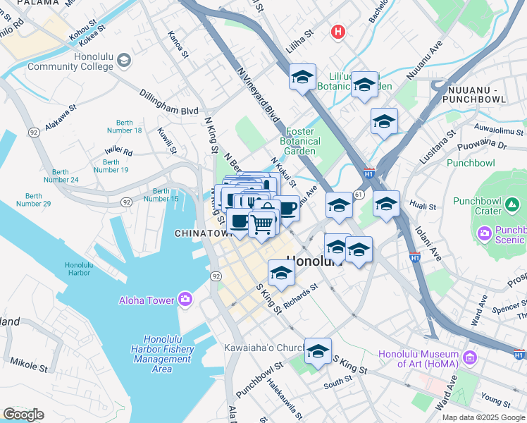 map of restaurants, bars, coffee shops, grocery stores, and more near 8 North Pauahi Street in Honolulu