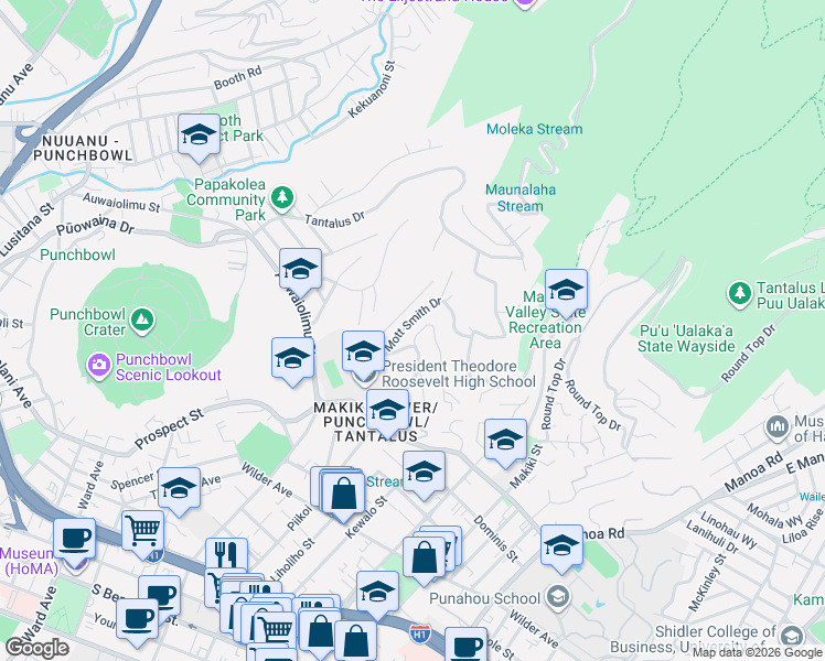map of restaurants, bars, coffee shops, grocery stores, and more near 1948 Mott Smith Drive in Honolulu