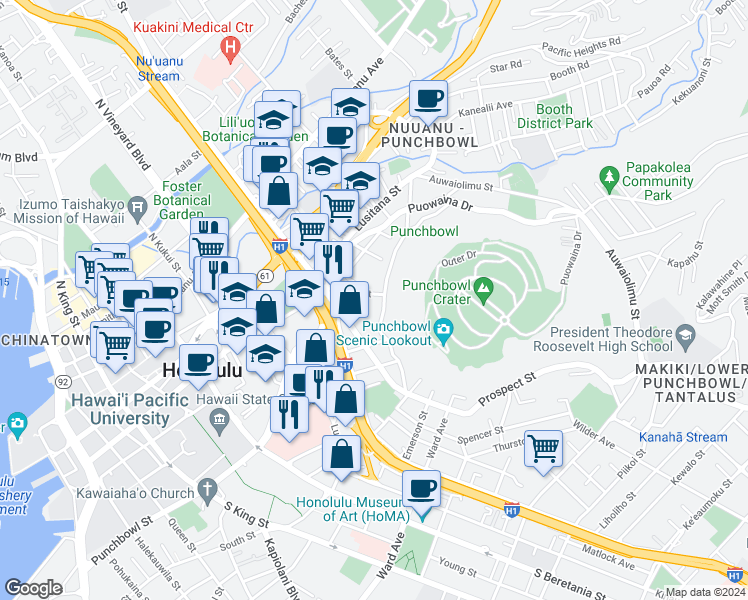 map of restaurants, bars, coffee shops, grocery stores, and more near 407 Prospect Street in Honolulu