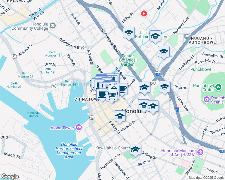 map of restaurants, bars, coffee shops, grocery stores, and more near 8 North Pauahi Street in Honolulu