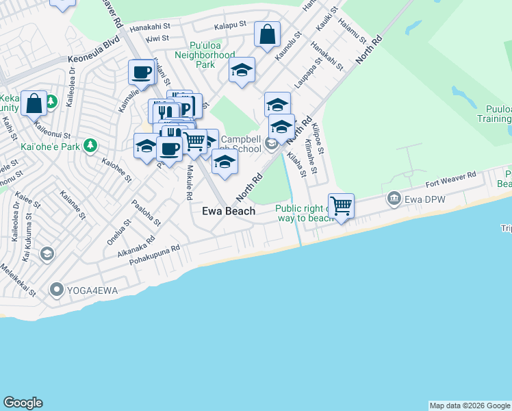 map of restaurants, bars, coffee shops, grocery stores, and more near 91-631 Kuilioloa Place in Ewa Beach