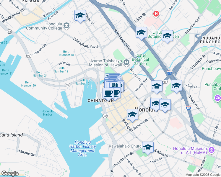 map of restaurants, bars, coffee shops, grocery stores, and more near 133 North Hotel Street in Honolulu