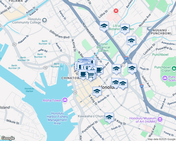 map of restaurants, bars, coffee shops, grocery stores, and more near 8 North Pauahi Street in Honolulu
