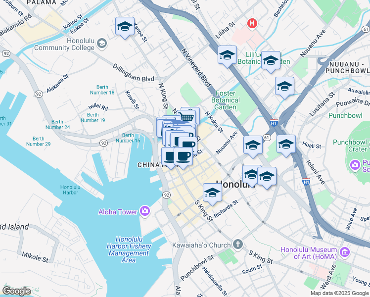 map of restaurants, bars, coffee shops, grocery stores, and more near 175 North Pauahi Street in Honolulu