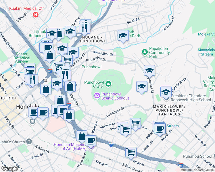 map of restaurants, bars, coffee shops, grocery stores, and more near 2177 Puowaina Drive in Honolulu