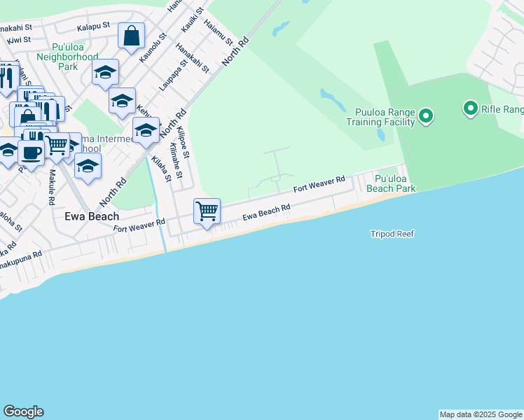 map of restaurants, bars, coffee shops, grocery stores, and more near 91-307 Fort Weaver Road in Ewa Beach