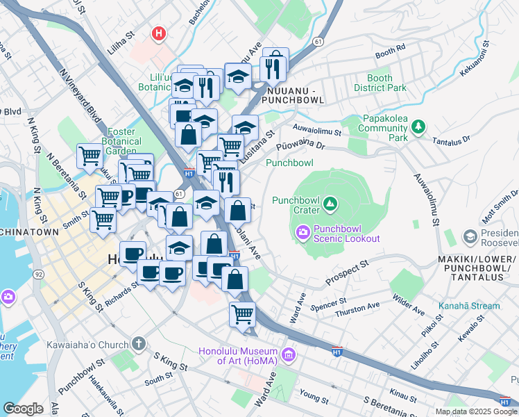 map of restaurants, bars, coffee shops, grocery stores, and more near 217 Prospect Street in Honolulu