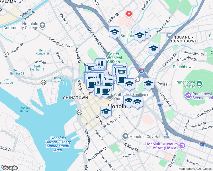 map of restaurants, bars, coffee shops, grocery stores, and more near 1245 Maunakea Street in Honolulu