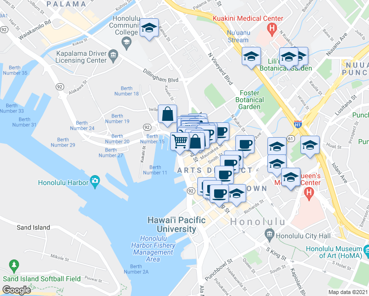 map of restaurants, bars, coffee shops, grocery stores, and more near in Honolulu