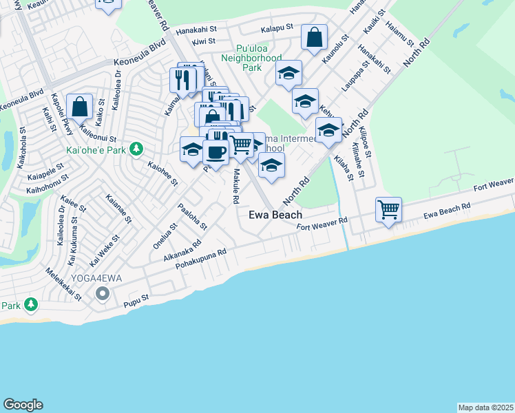 map of restaurants, bars, coffee shops, grocery stores, and more near 91-759 Fort Weaver Road in Ewa Beach