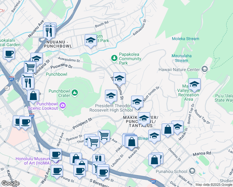 map of restaurants, bars, coffee shops, grocery stores, and more near 615 Auwaiolimu Street in Honolulu