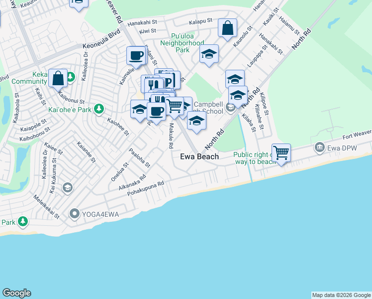 map of restaurants, bars, coffee shops, grocery stores, and more near 91-737 Fort Weaver Road in Ewa Beach