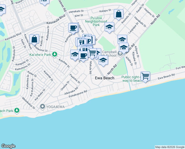 map of restaurants, bars, coffee shops, grocery stores, and more near 91-797 Makule Road in Ewa Beach
