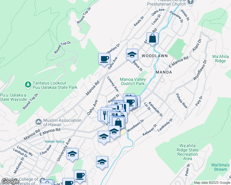 map of restaurants, bars, coffee shops, grocery stores, and more near 2702 Lowrey Avenue in Honolulu