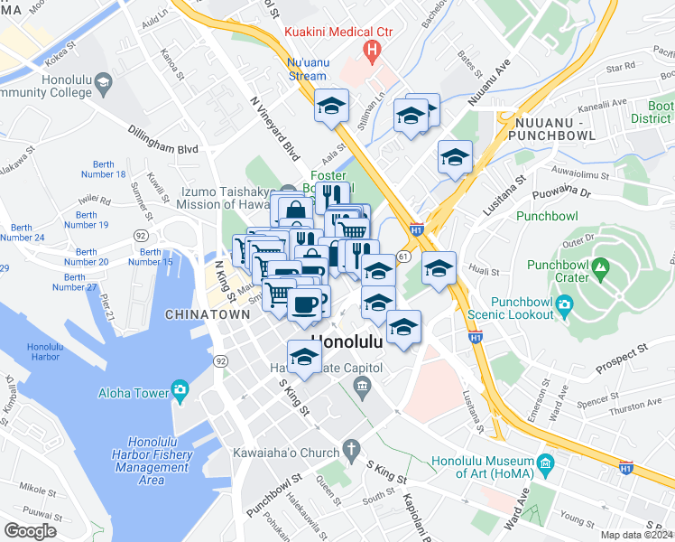map of restaurants, bars, coffee shops, grocery stores, and more near 1323 Nuuanu Avenue in Honolulu