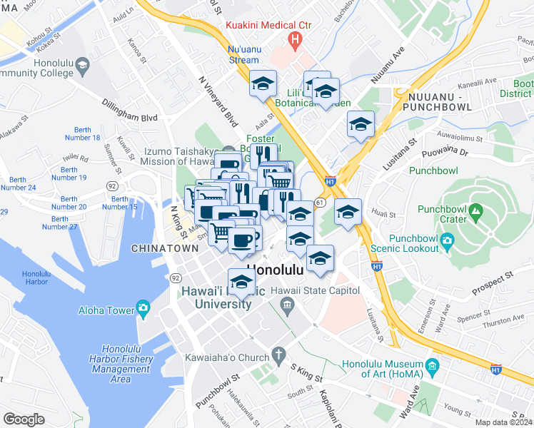 map of restaurants, bars, coffee shops, grocery stores, and more near 1374 Nuuanu Avenue in Honolulu