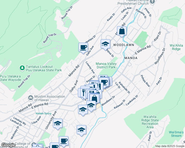 map of restaurants, bars, coffee shops, grocery stores, and more near 2702 Lowrey Avenue in Honolulu