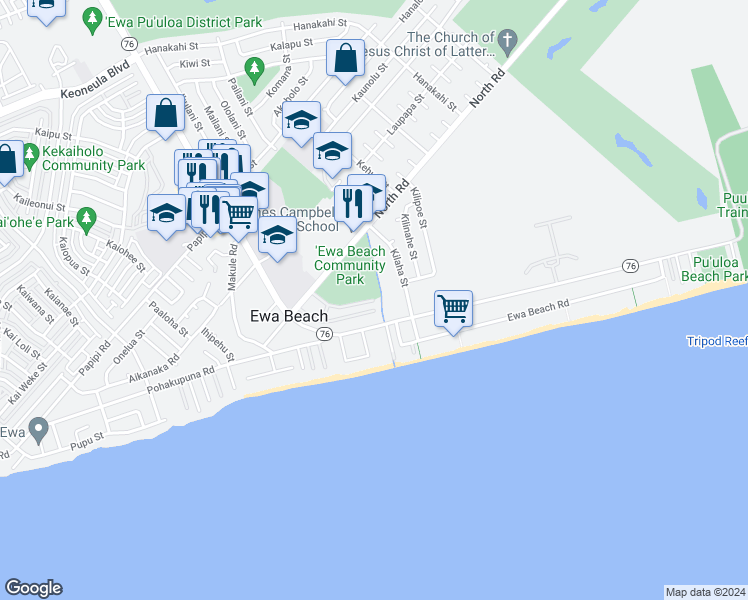 map of restaurants, bars, coffee shops, grocery stores, and more near 91 Kulana Place in Ewa Beach