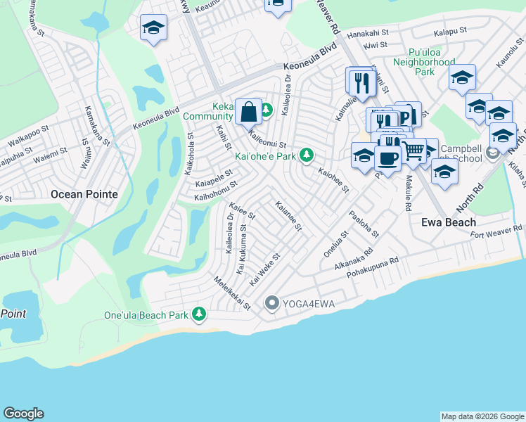 map of restaurants, bars, coffee shops, grocery stores, and more near 91-1014 Kai Kukuma Street in Ewa Beach