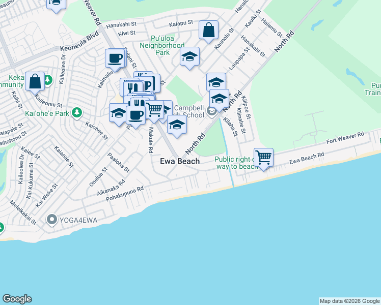 map of restaurants, bars, coffee shops, grocery stores, and more near in Ewa Beach