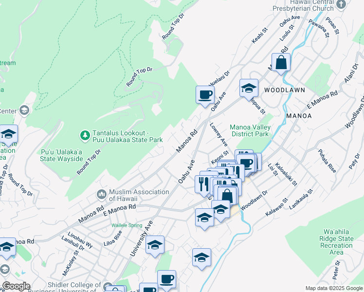 map of restaurants, bars, coffee shops, grocery stores, and more near 2882 Komaia Drive in Honolulu