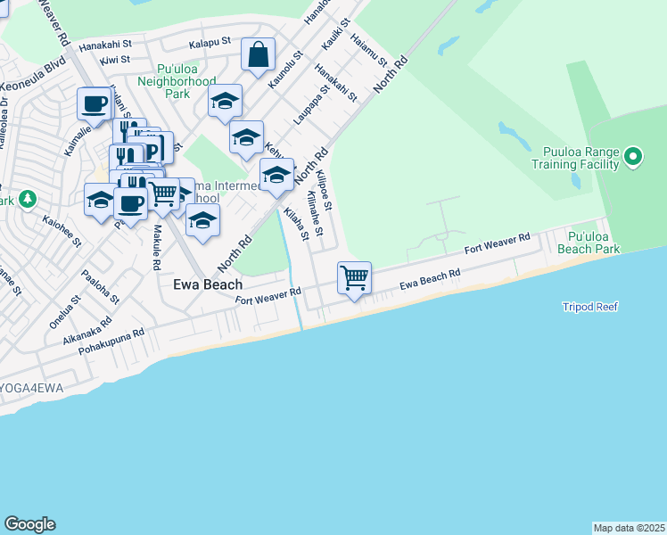 map of restaurants, bars, coffee shops, grocery stores, and more near 91-611 Kilaha Street in Ewa Beach