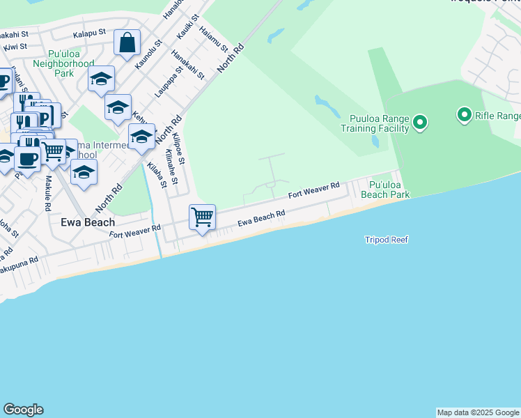 map of restaurants, bars, coffee shops, grocery stores, and more near 91-307 Fort Weaver Road in Ewa Beach