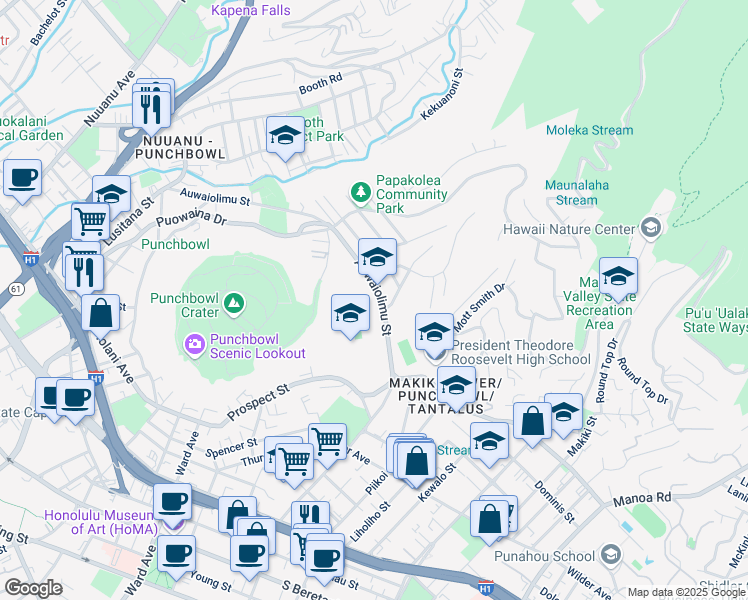 map of restaurants, bars, coffee shops, grocery stores, and more near 615 Auwaiolimu Street in Honolulu