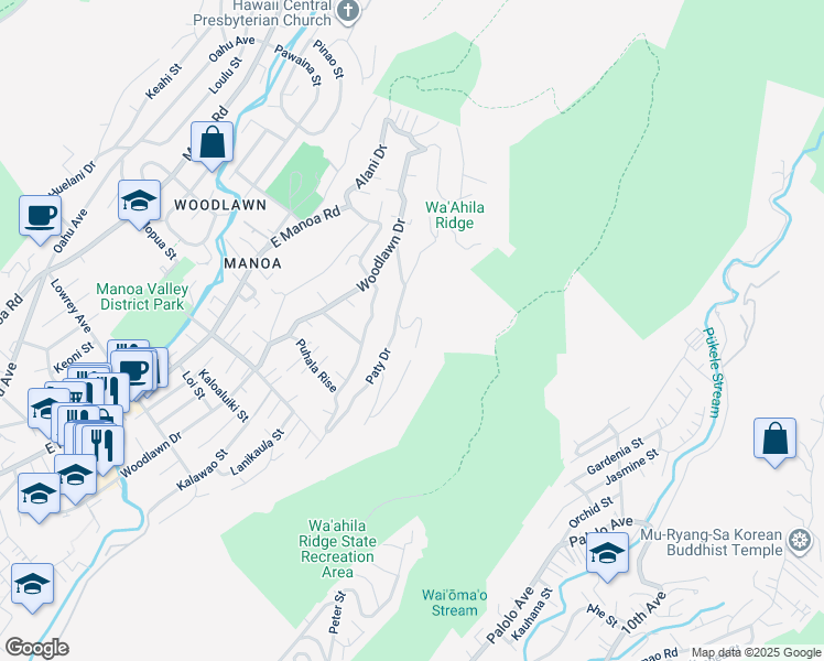 map of restaurants, bars, coffee shops, grocery stores, and more near 3344 Paty Drive in Honolulu