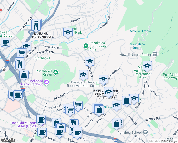 map of restaurants, bars, coffee shops, grocery stores, and more near 615 Auwaiolimu Street in Honolulu