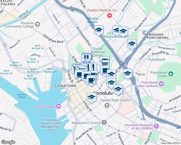 map of restaurants, bars, coffee shops, grocery stores, and more near 1245 Maunakea Street in Honolulu