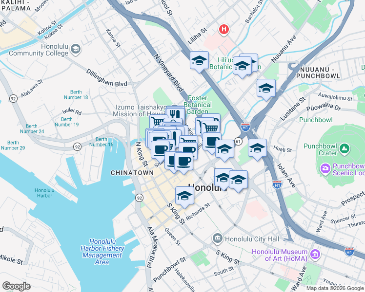 map of restaurants, bars, coffee shops, grocery stores, and more near 60 S Beretania St in Honolulu