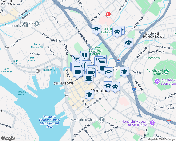 map of restaurants, bars, coffee shops, grocery stores, and more near 1245 Maunakea Street in Honolulu