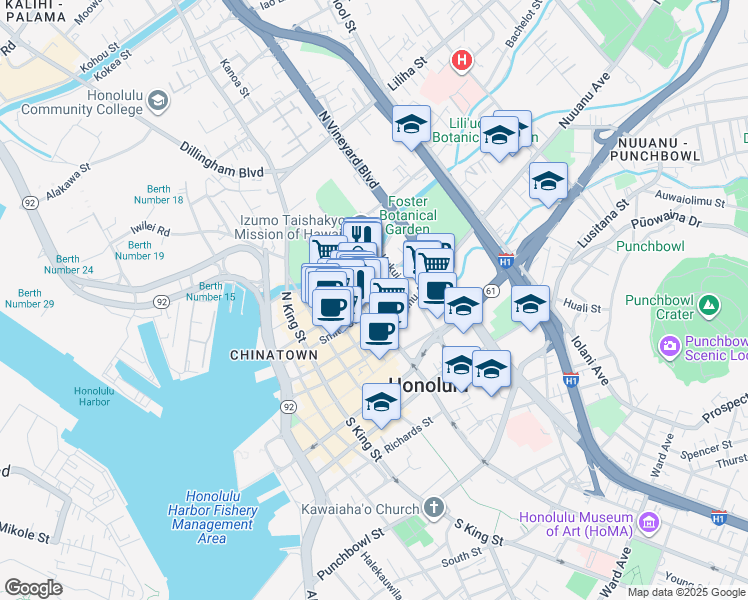 map of restaurants, bars, coffee shops, grocery stores, and more near 1245 Maunakea Street in Honolulu