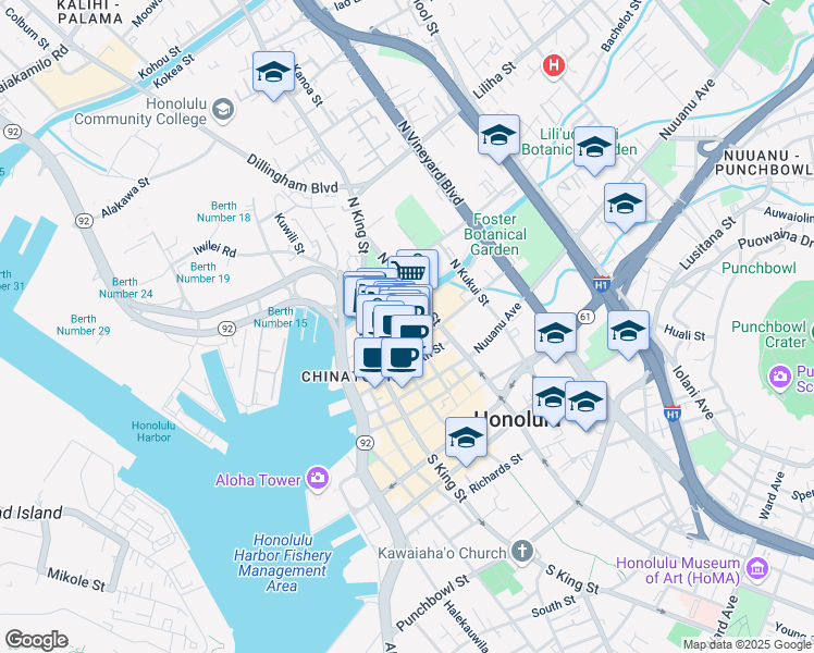 map of restaurants, bars, coffee shops, grocery stores, and more near 175 North Pauahi Street in Honolulu