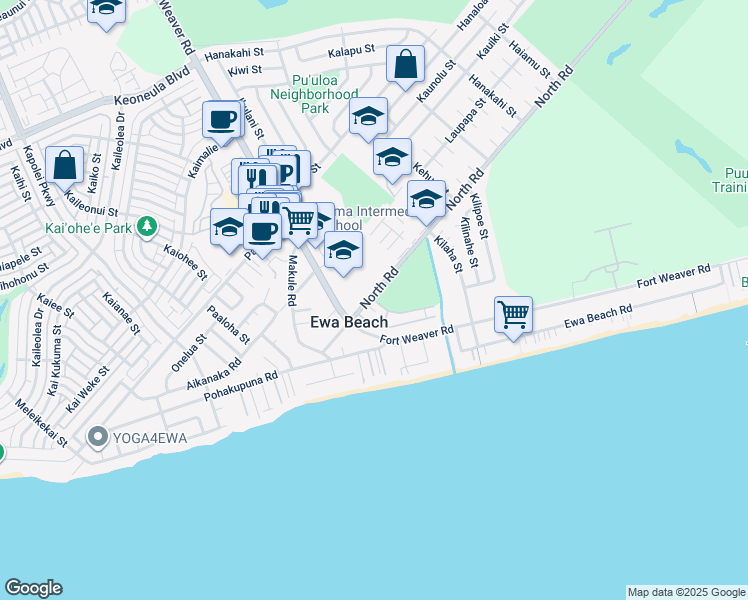 map of restaurants, bars, coffee shops, grocery stores, and more near in Ewa Beach