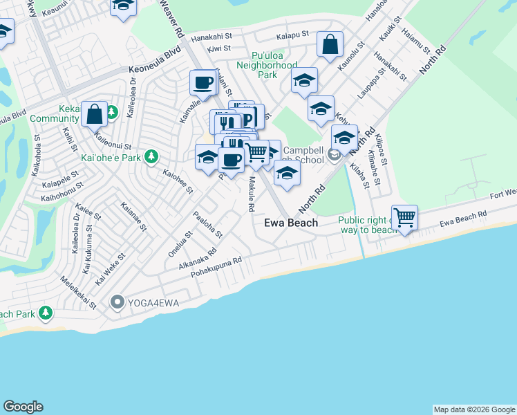 map of restaurants, bars, coffee shops, grocery stores, and more near 91-759 Fort Weaver Road in Ewa Beach