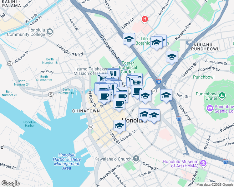 map of restaurants, bars, coffee shops, grocery stores, and more near 1245 Maunakea Street in Honolulu