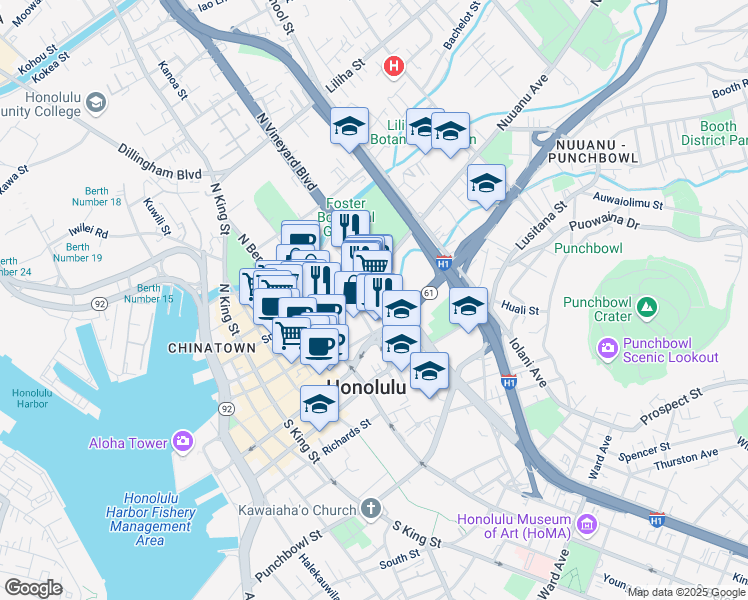 map of restaurants, bars, coffee shops, grocery stores, and more near 1360 Pali Highway in Honolulu