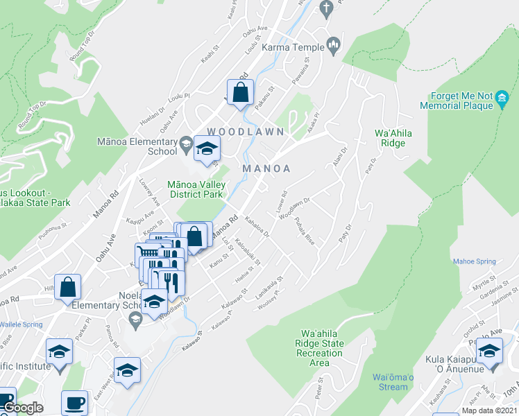 map of restaurants, bars, coffee shops, grocery stores, and more near 3135 Kahiwa Place in Honolulu