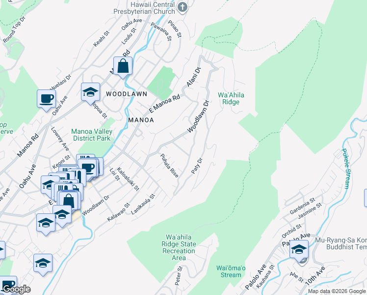 map of restaurants, bars, coffee shops, grocery stores, and more near 3320 Alani Drive in Honolulu