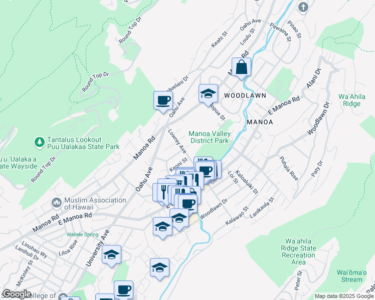 map of restaurants, bars, coffee shops, grocery stores, and more near 2702 Lowrey Avenue in Honolulu