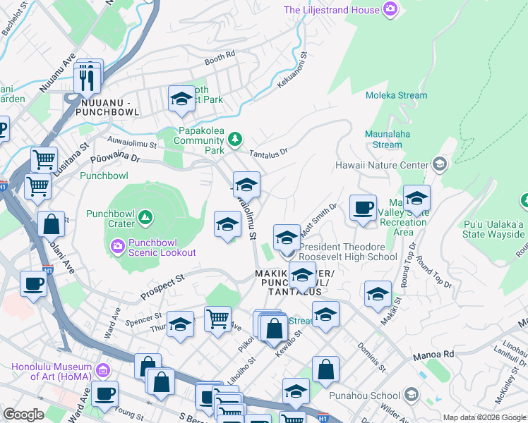 map of restaurants, bars, coffee shops, grocery stores, and more near 2135 Anianiku Street in Honolulu