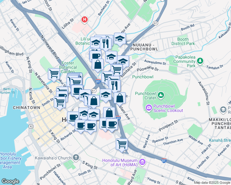 map of restaurants, bars, coffee shops, grocery stores, and more near 202 Huali Street in Honolulu