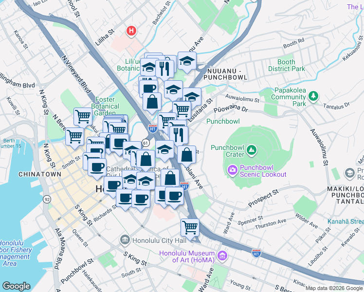 map of restaurants, bars, coffee shops, grocery stores, and more near 202 Huali Street in Honolulu