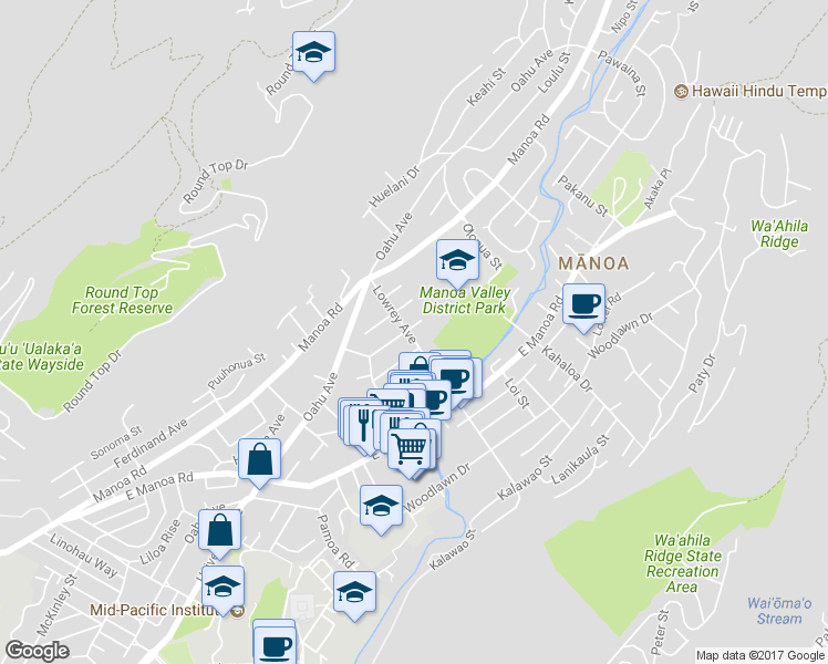 map of restaurants, bars, coffee shops, grocery stores, and more near 2702 Lowrey Avenue in Honolulu