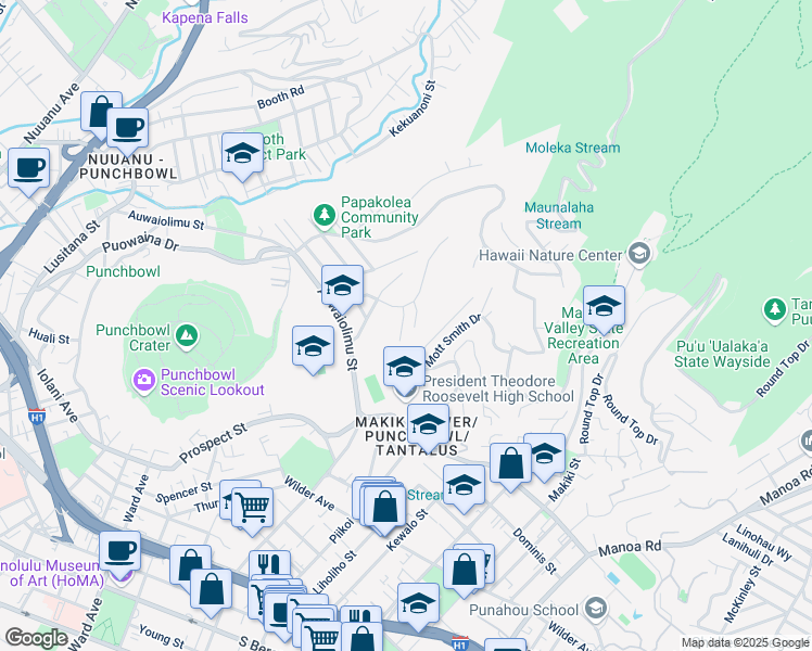 map of restaurants, bars, coffee shops, grocery stores, and more near 2025 Haalelea Place in Honolulu