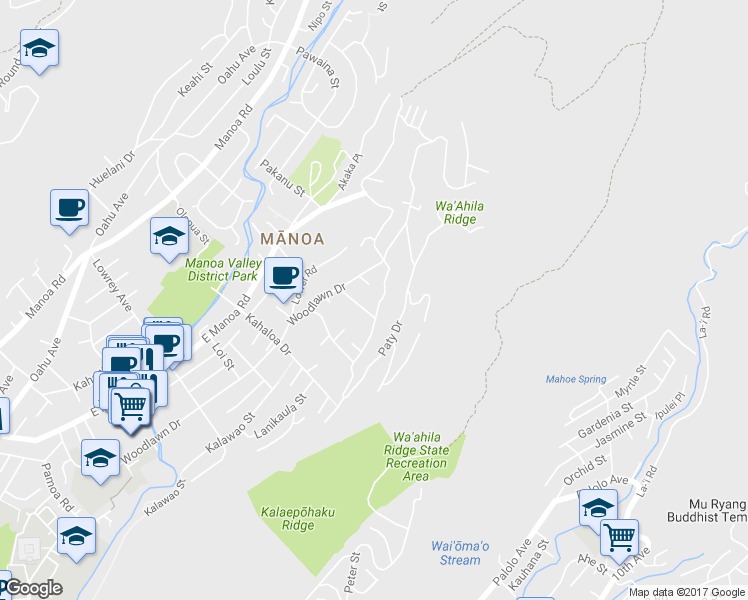 map of restaurants, bars, coffee shops, grocery stores, and more near 3320 Alani Drive in Honolulu